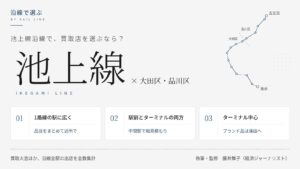 大田区・品川区を走る池上線沿線の買取店を、1路線の駅に広く・駅前とターミナルの両方・ターミナル中心という3つの出店傾向で比べた図