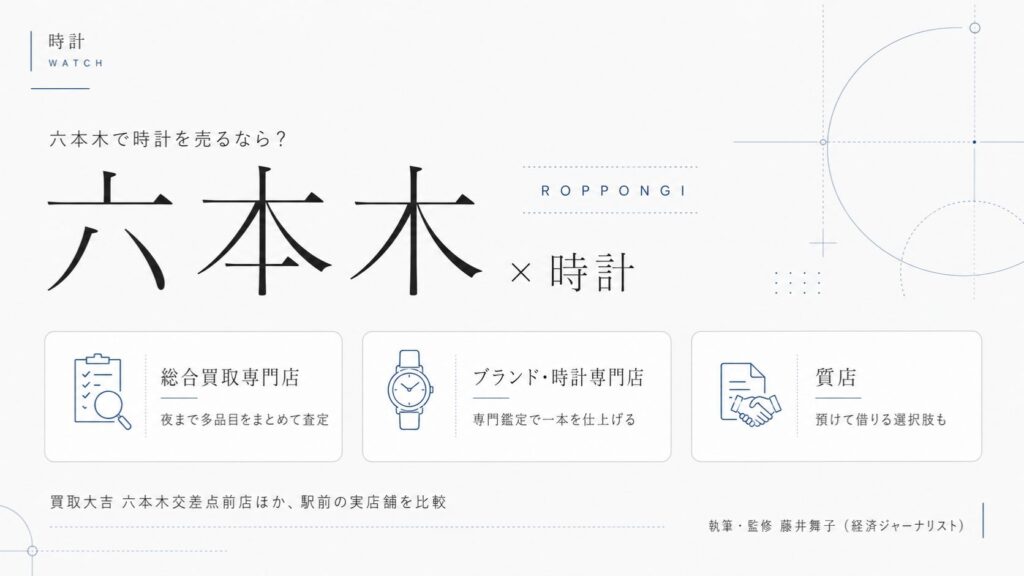 六本木駅の時計買取おすすめ比較｜買取大吉 六本木交差点前店ほか駅前の実店舗を総合買取専門店・ブランド・時計専門店・質店の業態別に解説するインフォグラフィック