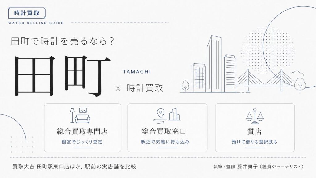 田町駅の時計買取おすすめ比較｜買取大吉 田町駅東口店ほか駅前の実店舗を総合買取専門店・総合買取窓口・質店の業態別に解説するインフォグラフィック