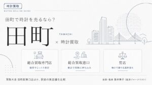 田町駅の時計買取おすすめ比較｜買取大吉 田町駅東口店ほか駅前の実店舗を総合買取専門店・総合買取窓口・質店の業態別に解説するインフォグラフィック