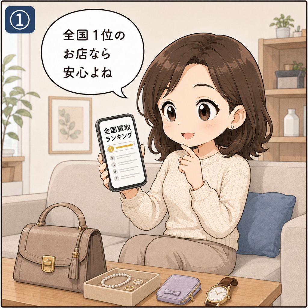 東京 買取 おすすめでよくある誤解。「全国1位の店なら安心」とスマホの全国買取ランキングだけで店を決めようとする、東京在住の女性が油断している場面。テーブルにバッグや時計が置かれている（1コマ目）