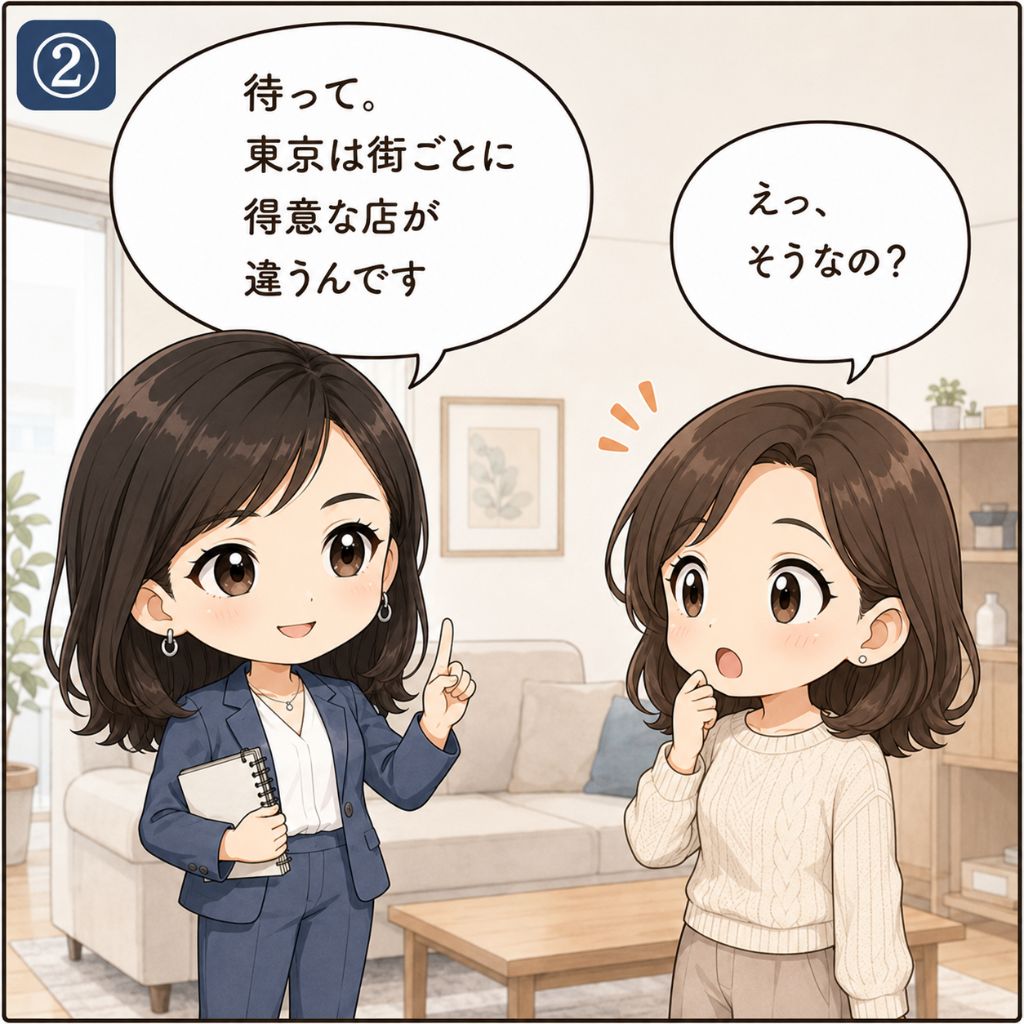 東京 買取の落とし穴。取材ノートを手にした地域商業の専門家が「東京は街ごとに得意な店が違う」と待ったをかけ、女性が驚いて気づく場面。全国一律で選ぶ危うさを示す（2コマ目）