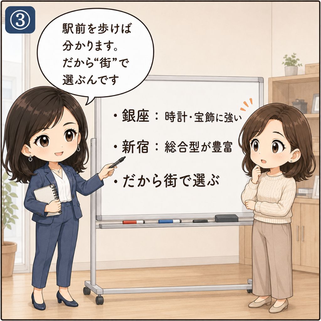 東京 ブランド買取の選び方。専門家がホワイトボードで『銀座：時計・宝飾に強い』『新宿：総合型が豊富』『だから街で選ぶ』の3点を解説し、女性が真剣に耳を傾ける場面。駅・エリアで選ぶ判断軸を示す（3コマ目）